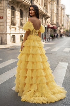 A-line Off-the-Shoulder Tulle Prom Dress with Slit - KISSPROM PROM DRESSES