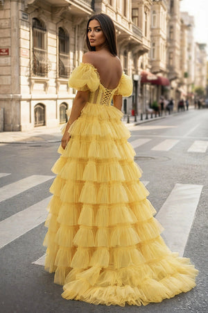 A-line Off-the-Shoulder Tulle Prom Dress with Slit - KISSPROM PROM DRESSES