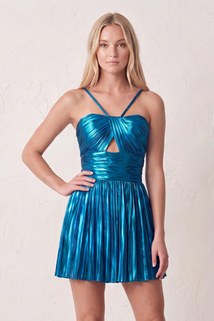 Turquoise A-Line Metallic Spaghetti Strap Pleated Homecoming Dress | KISSPROM