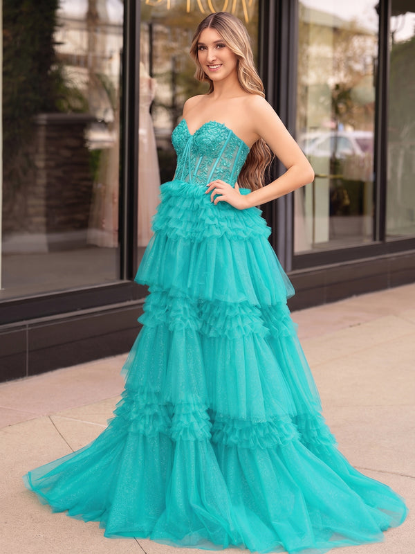 A-Line Sweetheart Tiered Long Tulle Prom Dress - Kissprom