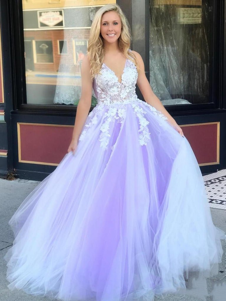 Turquoise Lace Applique Ball Gown Long Ball Gowns Quinceanera Dress Lilac / 22