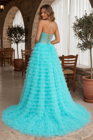 A-line Strapless Multi-Layers Tulle Prom Dress with Slit - KissProm