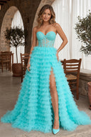 A-line Strapless Multi-Layers Tulle Prom Dress with Slit - KissProm