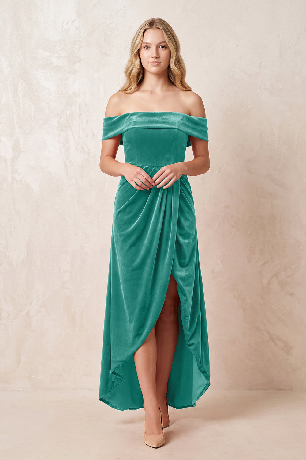Turquoise Off-the-Shoulder Sheath Velvet Midi Bridesmaid Dress - KISSPROM