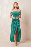 Turquoise Off-the-Shoulder Sheath Velvet Midi Bridesmaid Dress - KISSPROM