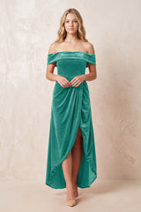 Turquoise Off-the-Shoulder Sheath Velvet Midi Bridesmaid Dress - KISSPROM