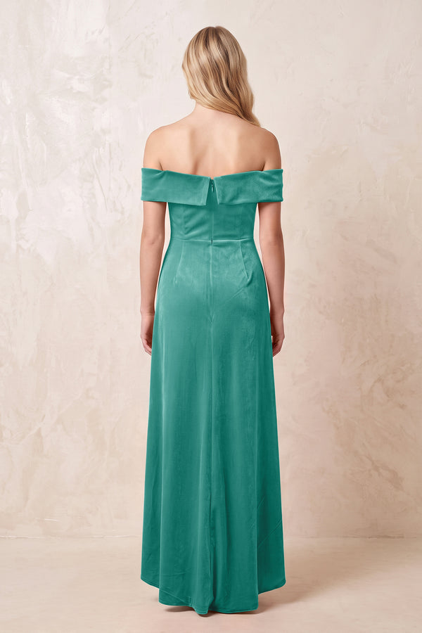 Turquoise Off-the-Shoulder Sheath Velvet Midi Bridesmaid Dress - KISSPROM