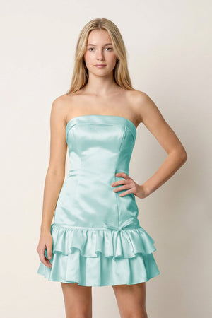 Turquoise Ruffled Strapless Tiered A-Line Satin Homecoming Dress - KissDress