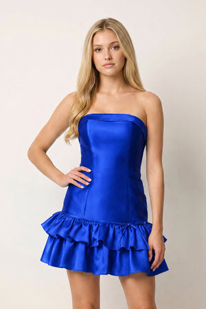 Turquoise Ruffled Strapless Tiered A-Line Satin Homecoming Dress - KissDress