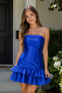 Turquoise Ruffled Strapless Tiered A-Line Satin Homecoming Dress - KissDress