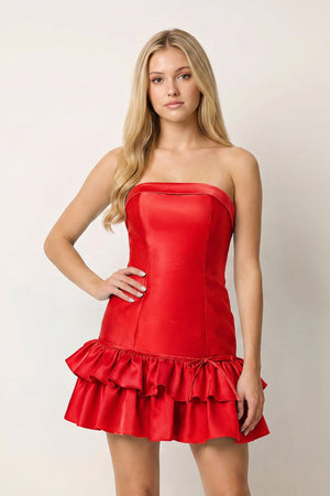 Turquoise Ruffled Strapless Tiered A-Line Satin Homecoming Dress - KissDress