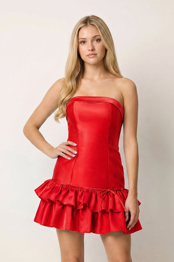Turquoise Ruffled Strapless Tiered A-Line Satin Homecoming Dress - KissDress