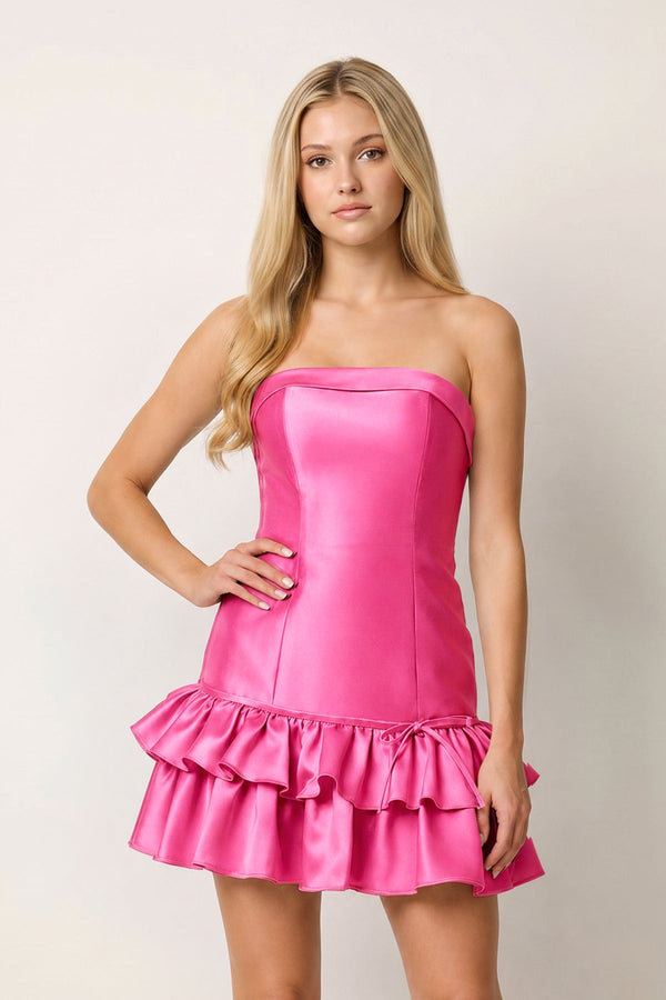 Turquoise Ruffled Strapless Tiered A-Line Satin Homecoming Dress - KissDress