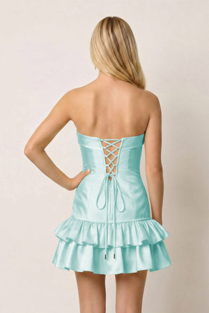 Turquoise Ruffled Strapless Tiered A-Line Satin Homecoming Dress - KissDress