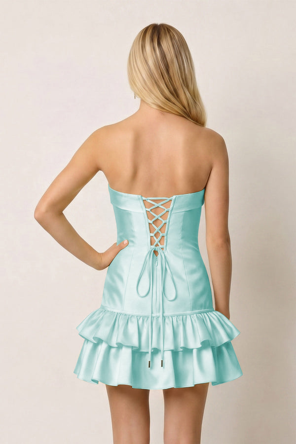 Turquoise Ruffled Strapless Tiered A-Line Satin Homecoming Dress - KissDress