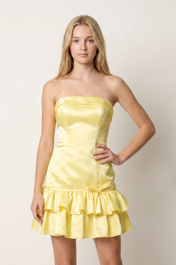 Turquoise Ruffled Strapless Tiered A-Line Satin Homecoming Dress - KissDress