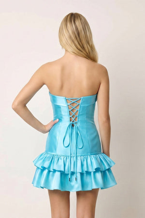 Turquoise Ruffled Strapless Tiered A-Line Satin Homecoming Dress - KissDress