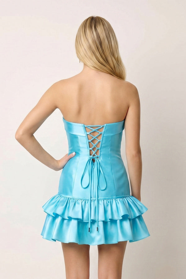 Turquoise Ruffled Strapless Tiered A-Line Satin Homecoming Dress - KissDress