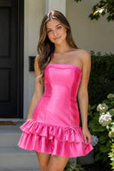 Turquoise Ruffled Strapless Tiered A-Line Satin Homecoming Dress - KissDress