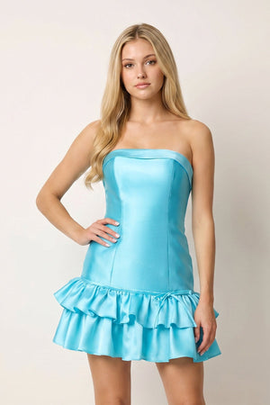 Turquoise Ruffled Strapless Tiered A-Line Satin Homecoming Dress - KissDress