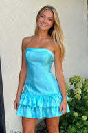 Turquoise Ruffled Strapless Tiered A-Line Satin Homecoming Dress | KISSPROM