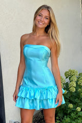 Turquoise Ruffled Strapless Tiered A-Line Satin Homecoming Dress | KISSPROM