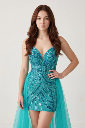Turquoise Sheath V Neck Sequined Mini Homecoming Dresses with Train | KISSPROM