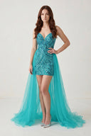 Turquoise Sheath V Neck Sequined Mini Homecoming Dresses with Train | KISSPROM
