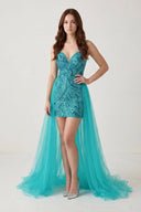Turquoise Sheath V-Neck Sequined Mini Party Dress with Train | KISSPROM
