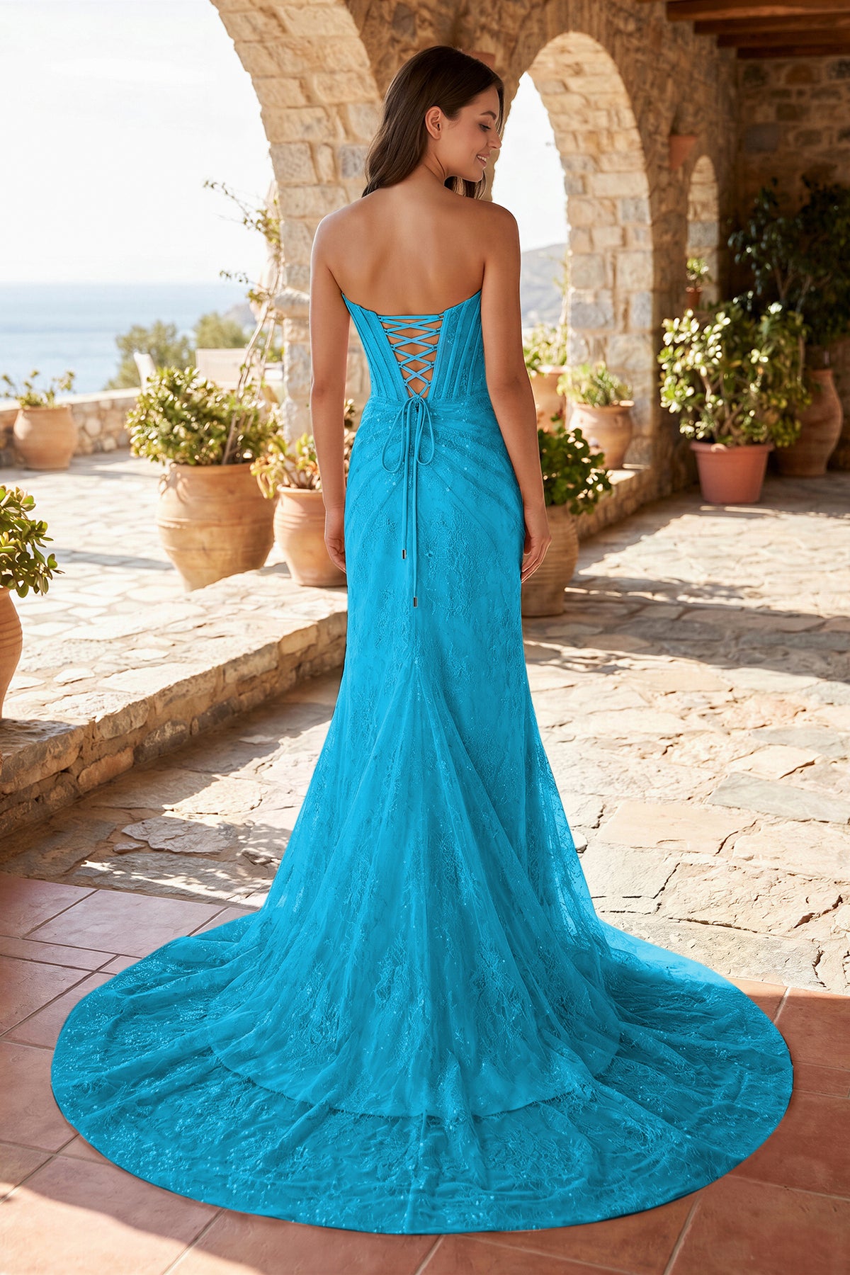 KissProm Lavender Strapless Lace Ruched Mermaid Prom Dress with Slit, Turquoise / 6