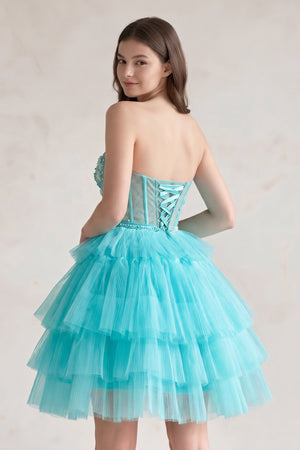 Turquoise Tulle 3D Floral Lace A-Line Tiered Homecoming Dress (2) | KISSPROM