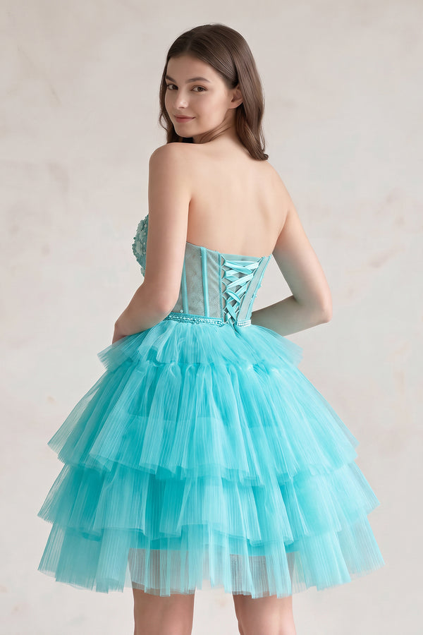 Turquoise Tulle 3D Floral Lace A-Line Tiered Homecoming Dress (2) | KISSPROM