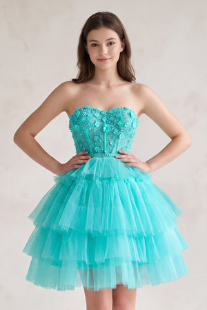 Turquoise Tulle 3D Floral Lace A-Line Tiered Homecoming Dress | KISSPROM