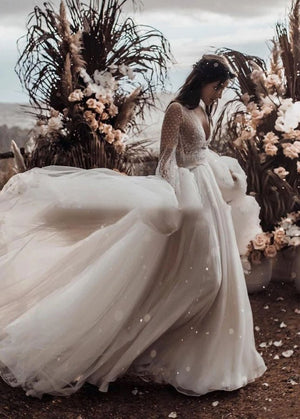 Two Piece Boho Dreamy A Line Tulle V-Neck Wedding Dresses Full Sleeve