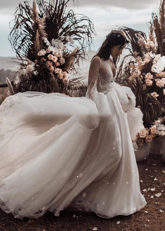 Two Piece Boho Dreamy A Line Tulle V-Neck Wedding Dresses Full Sleeve Diamond White / 8 Two Piece Boho Dreamy A Line Tulle V-Neck Wedding Dresses Full Sleeve Diamond White / 8