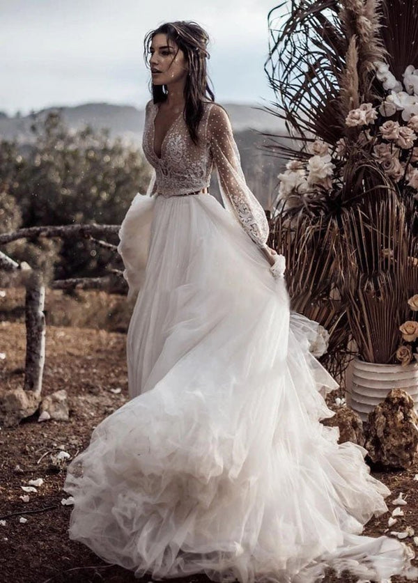 Two Piece Boho Dreamy A Line Tulle V-Neck Wedding Dresses Full Sleeve
