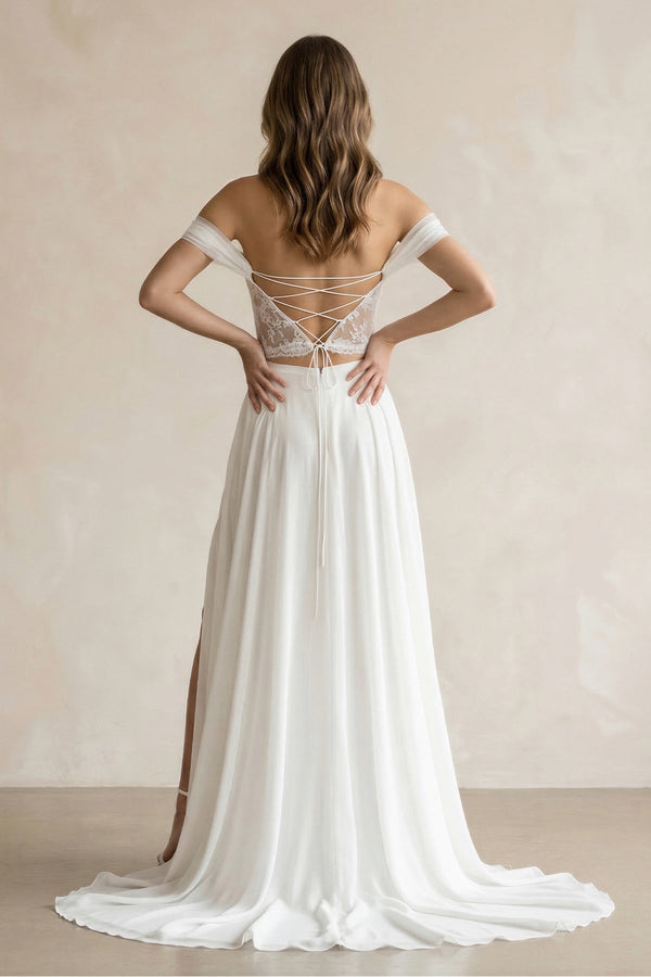 Two - Piece Chiffon Off - the - Shoulder A - Line Wedding Dress in White - KissProm Wedding Dresses