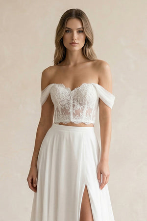 Two - Piece Chiffon Off - the - Shoulder A - Line Wedding Dress in White - KissProm Wedding Dresses