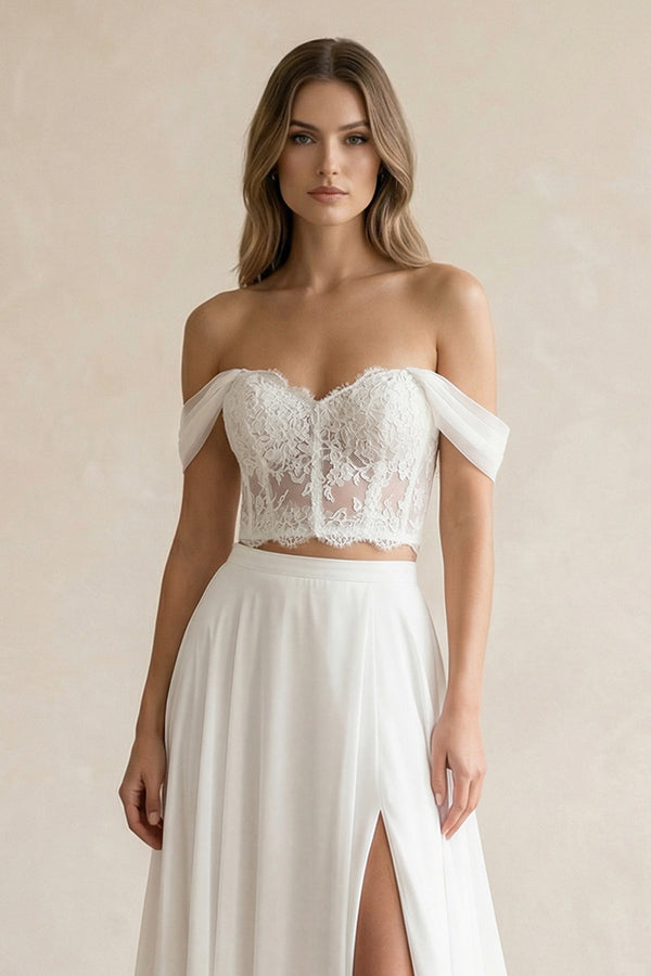 Two - Piece Chiffon Off - the - Shoulder A - Line Wedding Dress in White - KissProm Wedding Dresses