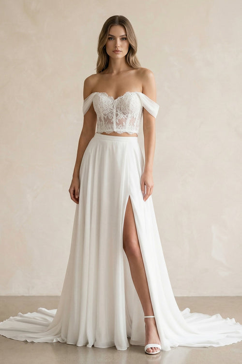 Two - Piece Chiffon Off - the - Shoulder A - Line Wedding Dress in White - KissProm Wedding Dresses