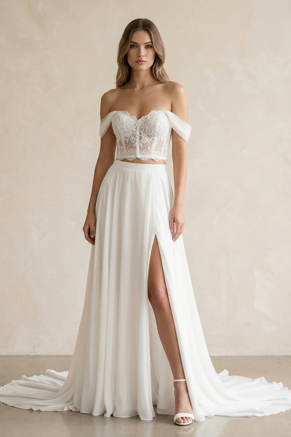 A-Line Lace White Lace-Up Off-the-Shoulder Wedding Dress with Slit – Wedding Dresses by KissProm | Available at KissProm