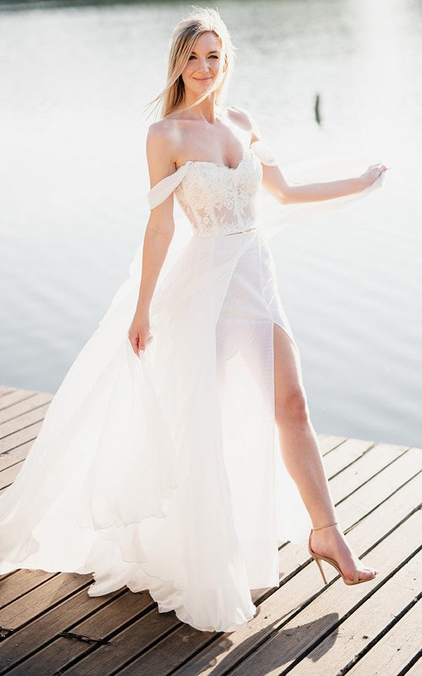 A-Line Lace White Lace-Up Off-the-Shoulder Wedding Dress with Slit – Wedding Dresses by KissProm | Available at KissProm