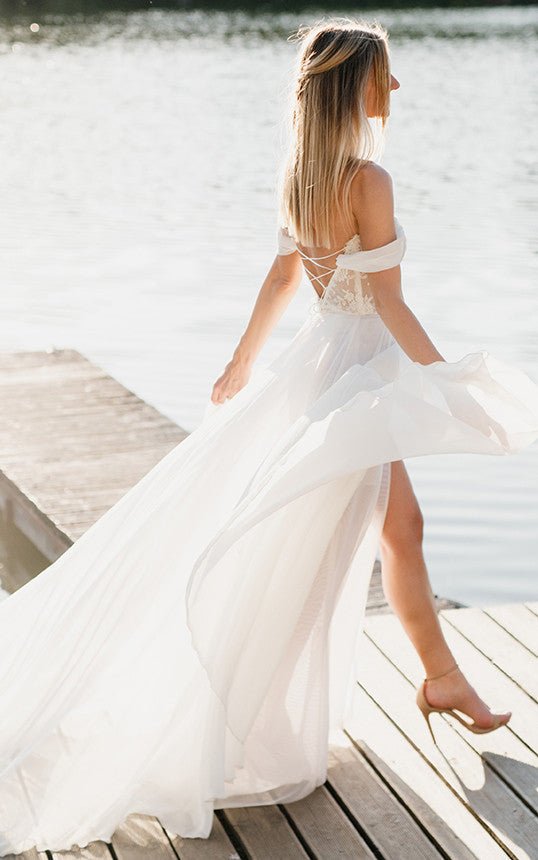 A-Line Lace White Lace-Up Off-the-Shoulder Wedding Dress with Slit – Wedding Dresses by KissProm | Available at KissProm