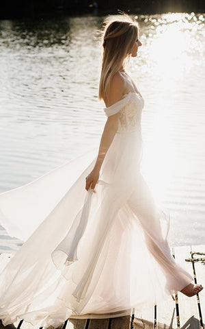 A-Line Lace White Lace-Up Off-the-Shoulder Wedding Dress with Slit – Wedding Dresses by KissProm | Available at KissProm