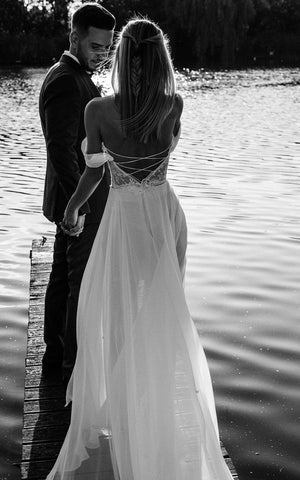 A-Line Lace White Lace-Up Off-the-Shoulder Wedding Dress with Slit – Wedding Dresses by KissProm | Available at KissProm