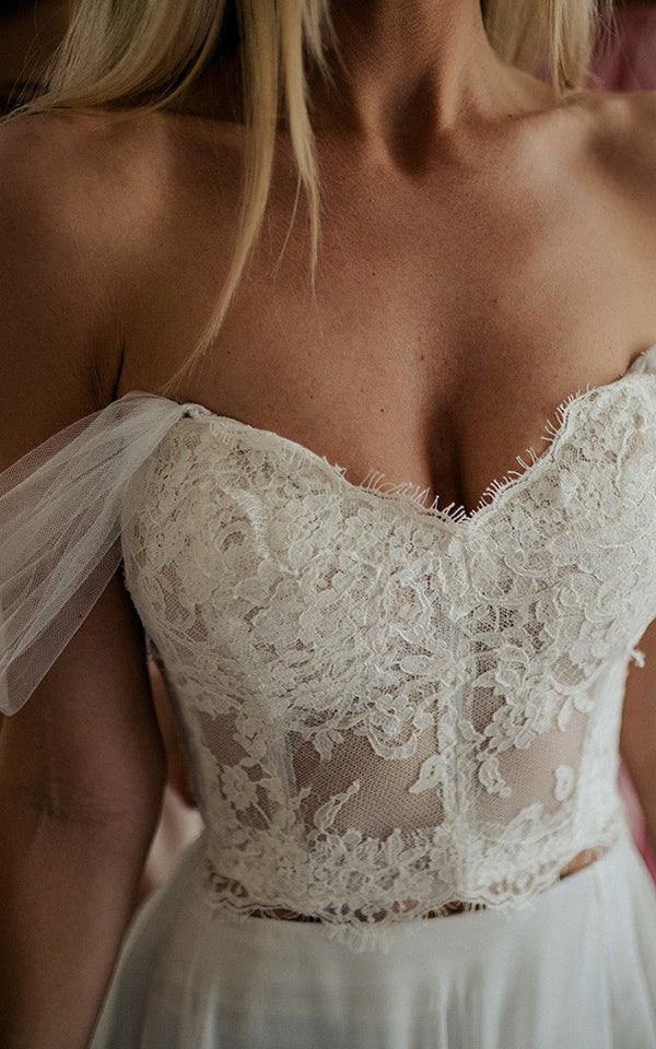 A-Line Lace White Lace-Up Off-the-Shoulder Wedding Dress with Slit – Wedding Dresses by KissProm | Available at KissProm