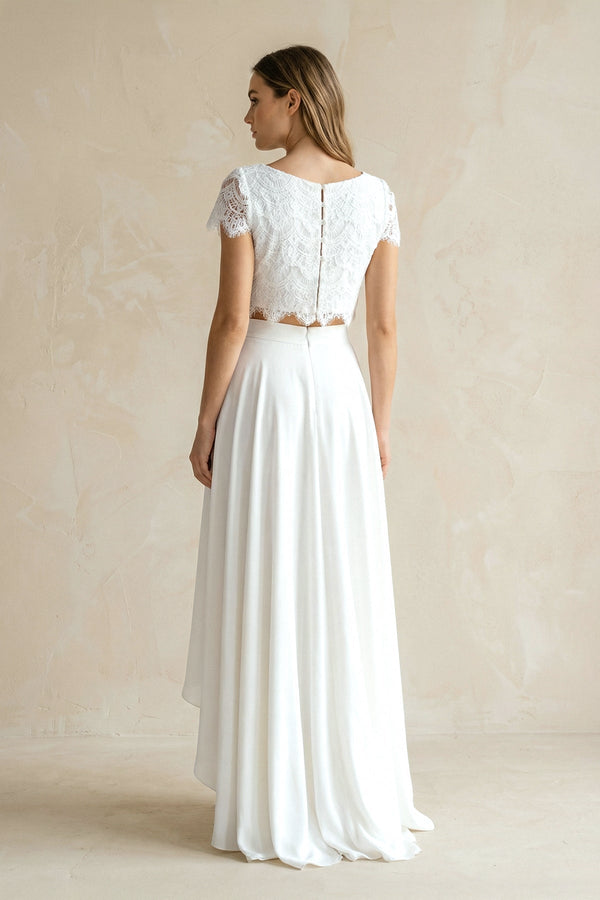Two - Piece Lace Top High - Low A - Line Wedding Dress - KissProm Wedding Dresses