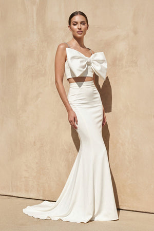 Two - Piece Mermaid Gown With Bow in White - KissProm
