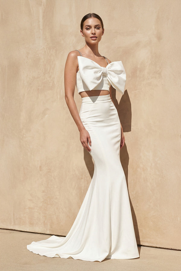Two - Piece Mermaid Gown With Bow in White - KissProm