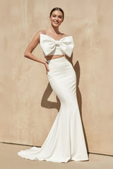 Two - Piece Mermaid Gown With Bow in White - KissProm